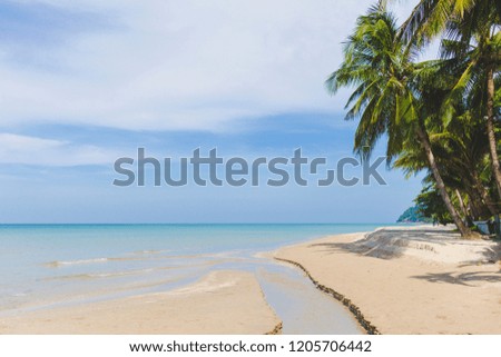 Landscape of sea with tree, white sand, rock, cloud and blue sky