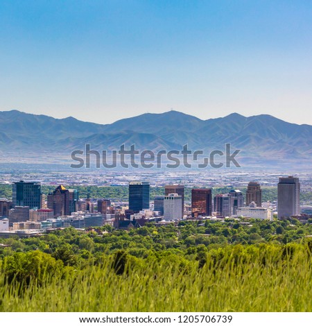 Salt Lake City with skyscrapers and mountain view