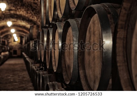 Wooden barrels with whiskey in dark cellar Royalty-Free Stock Photo #1205726533