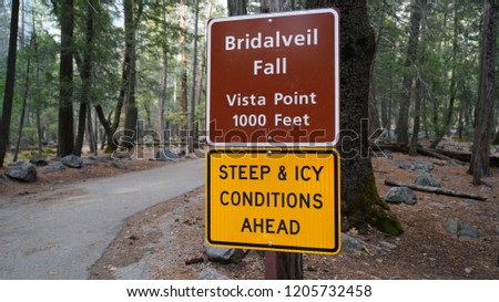 Bridalveil Fall hiking trail in Yosemite National Park, California.