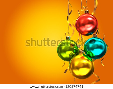 Multicolored christmas balls isolated on orange background illustration