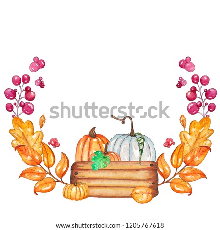 Watercolor autumn template with pumpkins in box, yellow leaves, berries. Invitation card. Elements in round shape isolated on white background. Ideal for design banners, with space for your text