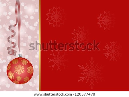 red background with Christmas ornament and snowflakes