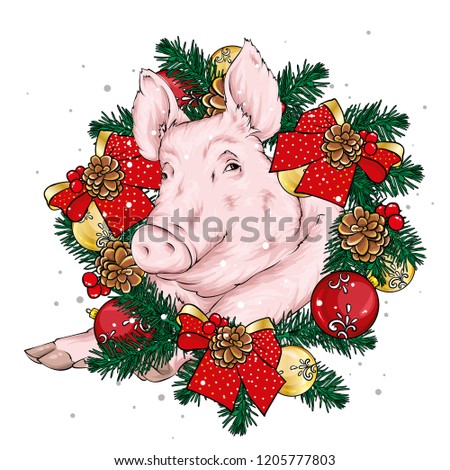 Funny pig in a Christmas wreath. Winter and new year. A wreath of fir branches with balls and bows. Vector illustration for greeting card or poster, print on clothes.