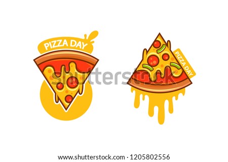 Pizza day logotype, line art flat vector cartoon illustration, emblem isolated on white background, two version of logotype