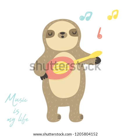 Cute singing sloth playing little ukulele. Animal character design. Suitable for prints, greeting cards