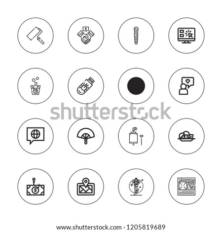 Web icon set. collection of 16 outline web icons with bell, chat, caterpillar, camping, deal, digital map, fan, medicine, mushroom, online shop, online shopping icons.