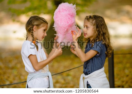 Two 7 year old girls eating cotton candy in park. Shot taken in autumn, lots of fallen leaves on ground. Cotton candy is big and pink. Twin sisters are blond, curly hair, and braids. White, navy blue.