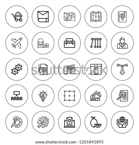 Web icon set. collection of 25 outline web icons with bicycle, box, businessman, book, cinema, copy machine, gear, edit, hacker, file, house, map icons. editable icons.