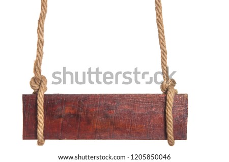 blank wooden sign hanging on a rope. isolated on white.