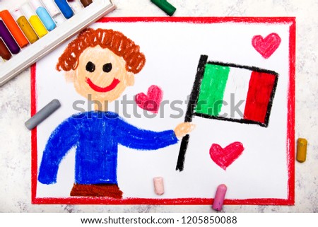 Colorful drawing: Happy man holding Italian flag. Flag of Italy and smiling boy
