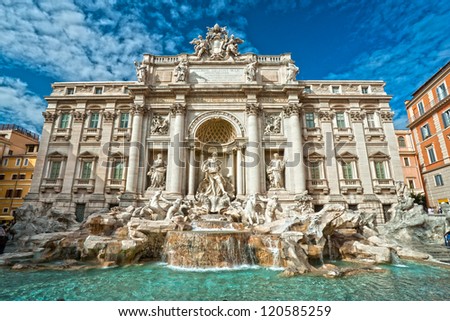 Wide angle view of The Famous Trevi Fountain, rome, Italy. Royalty-Free Stock Photo #120585259