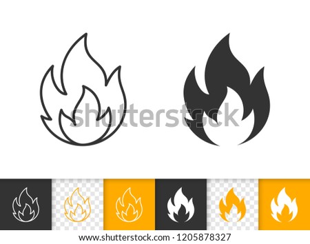 Fire black linear and silhouette icons. Thin line sign of bonfire. Flame outline pictogram isolated on white color, transparent background. Candle blaze vector Icon shape. Flare simple symbol closeup