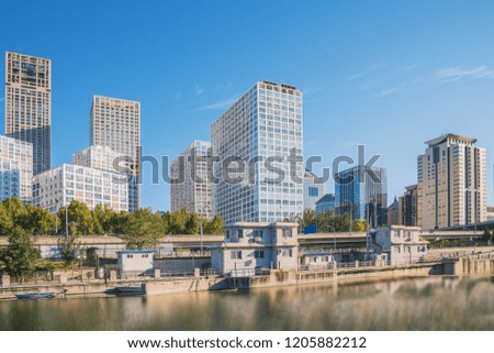 Empty river and modern urban architecture skyline panorama in Beijing China