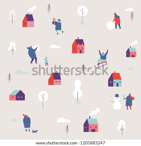 Winter season background simple people characters. Vector simple pattern on winter holiday season and Christmas. Flat vector illustration.