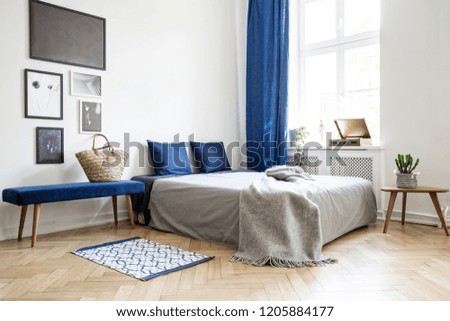 Bedroom design in modern apartment. Bed with dark blue pillows and grey duvet and blanket next to window. Real photo concept
