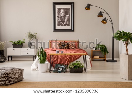 Framed poster of beautiful girl above king size bed with rust color bedding in spacious bedroom interior of modern apartment, real photo