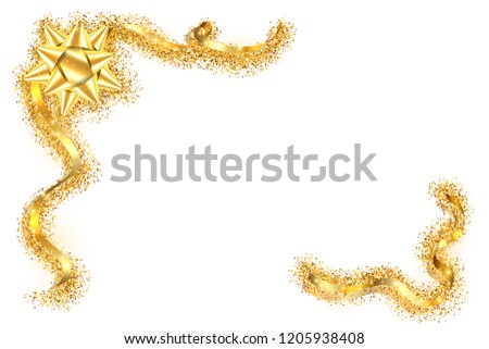 Gold ribbon frame. Golden serpentine design. Decorative streamer border, isolated white background. Decoration framework for Christmas, carnival, holiday celebration, birthday Vector illustration