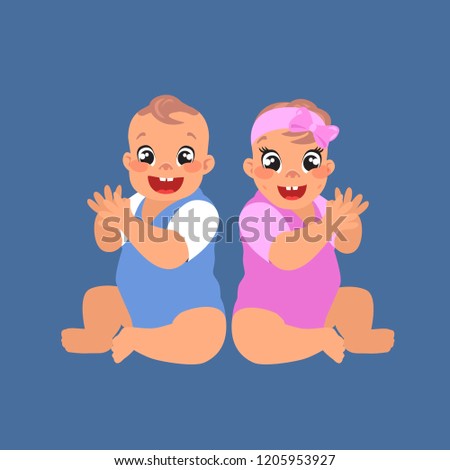 baby boy and girl sitting and clapping hands, cartoon design, vector illustration, big black eyes, black hair, Asian, Arab, Latino, Caucasian, (set 1/8)