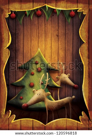 Christmas card - Reindeer with tree in wooden frame. Cartoon childish deer with Xmas tree on wooden background with frame.