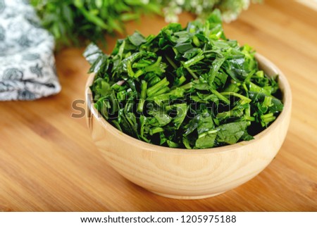 Chopped fresh spinach in a bowl Royalty-Free Stock Photo #1205975188