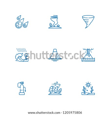 Collection of 9 disaster outline icons include icons such as volcano, hurricane, eruption, fire extinguisher, tsunami, drought, tornado