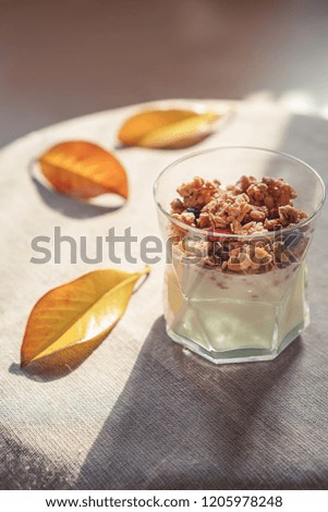 Healthy autumn breakfast. Greek yoghurt with granola, dried berries in glass and yellow leaves. Concept of Color of the Year 2021 with bright illuminating yellow and gray colours.