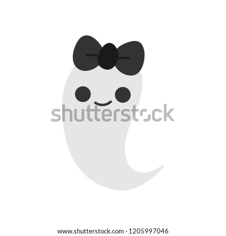 Cute hand drawn spooky girly ghost vector illustration. Halloween scary white spook with black ribbon bow, isolated.