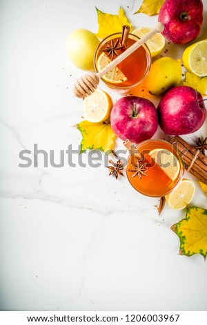 Two cups of autumn winter hot spicy tea with red apples, lemons, cinnamon, anise, honey, White marble background copy space