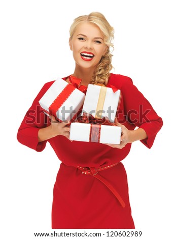 picture of lovely woman in red dress with gift boxes