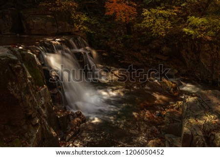 Beautiful autumn waterfall,red and yellow colorful tree leaves with stream of mountain.