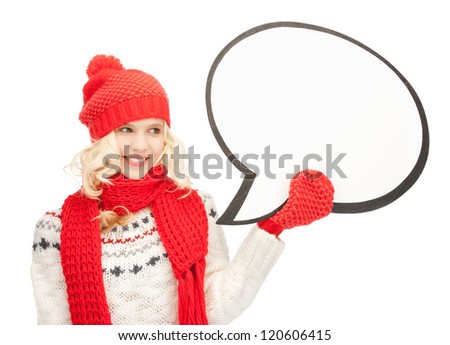 bright picture of smiling woman with blank text bubble.