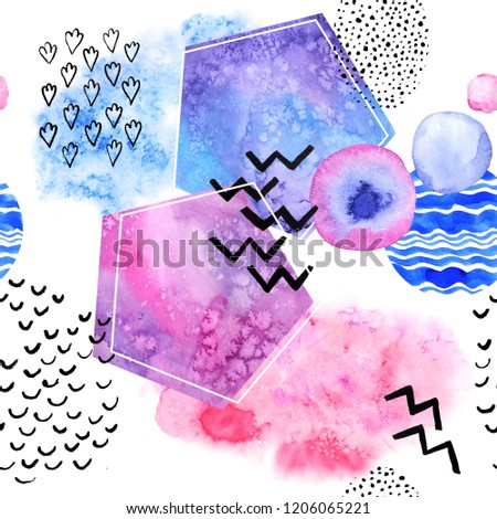 Abstract seamless hand painted watercolor pattern. Pastel colors pink, blue, violet with black ink doodle elements. Perfect for gift paper and fabric print
