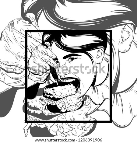 Vector hand drawn illustration of girl eating hamburger . Template for card, poster, banner, print for t-shirt, pin, badge, patch.