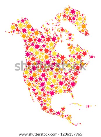 Mosaic map of North America designed with colored flat stars. Vector colored geographic abstraction of map of North America with red, yellow, orange stars. Festive design for New Year illustrations.