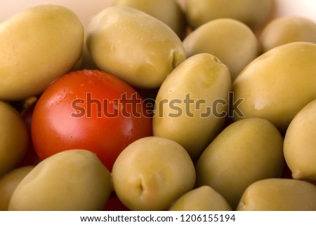 Bunch of salted green olives.Close up shoot