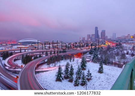 Downtown Seattle with moving traffic during a snow storm - long exposure