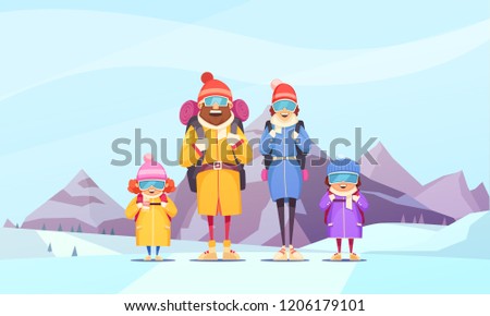 Mountaineering family winter vacation cartoon poster with father mother 2 kids against alpine mountains background vector illustration