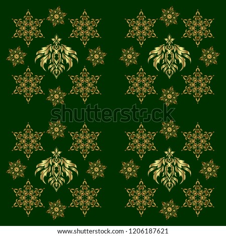 Ornate decor for invitations, greeting cards, thank you message. Elements in Victorian style on a green backdrop. Golden floral seamless pattern. Vector greed and vignette for design.