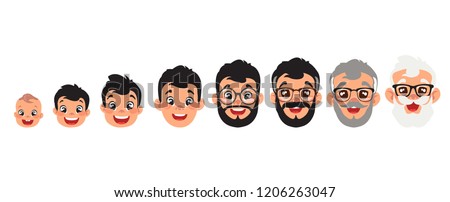 set of male heads evolution from baby till old man,, big black eyes, black hair, Asian, Arab, Latino, Caucasian, cartoon design, vector illustration (set 1/2)