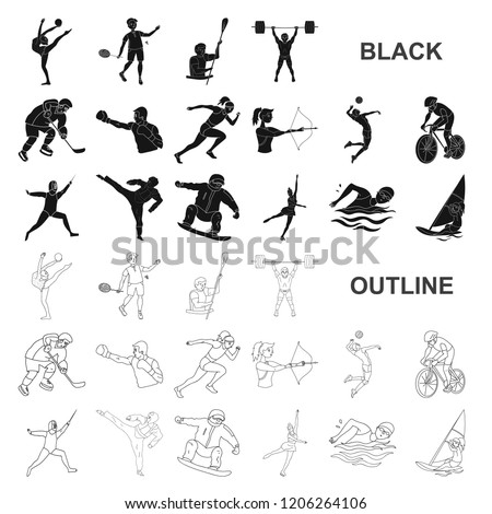 Different kinds of sports black icons in set collection for design. Athlete, competitions vector symbol stock web illustration.