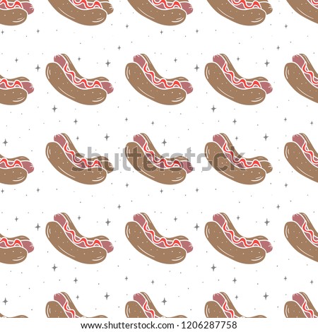 Hot dog multicolored set. Unusual Fast food fantastic. Color sausage and bun. Food isometric 2d illustration in hand drawn style