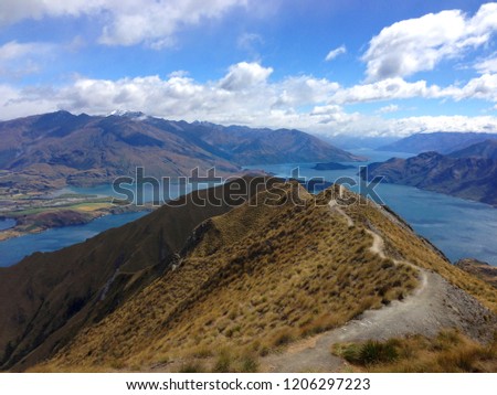 Panoramic view of lake Wanaka, New Zealand. Scenic view of Wanaka lake, the top of mountain