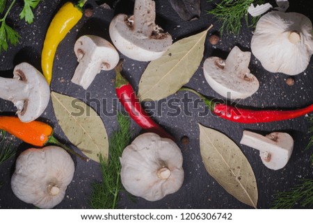 mushrooms, garlic, peppers, dill and basil on dark background top view food photo