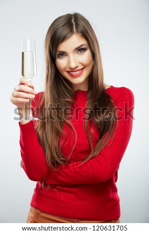 Young happy celebrate woman christmas color style portrait, isolated.