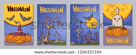 Halloween hand drawn invitation or greeting cards set with lattering. Color cartoon shapes on Halloween theme. Tombs, crosses, pumpkins, bats, houses, trees, moon. Vector color illustrations. A6 size.