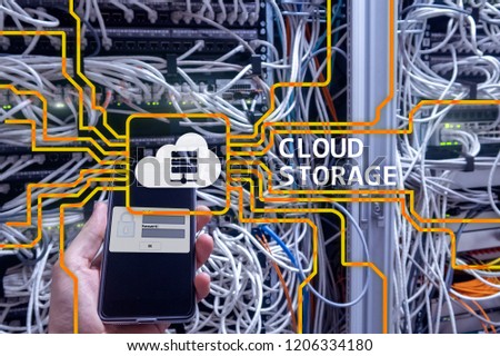 Cloud data storage concept on server room background.