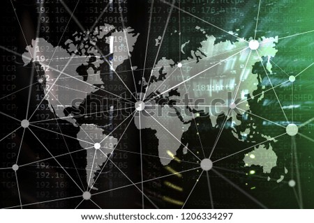Double exposure world map. Global business and financial market concept.