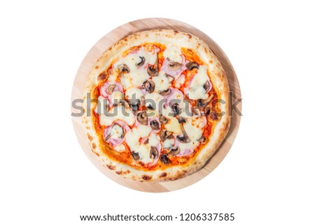 Pizza with mushrooms, ham and cheese isolated on a white background.