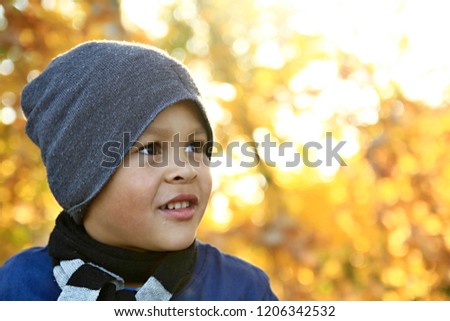 Little boy with autumn leaves in the background stock photo